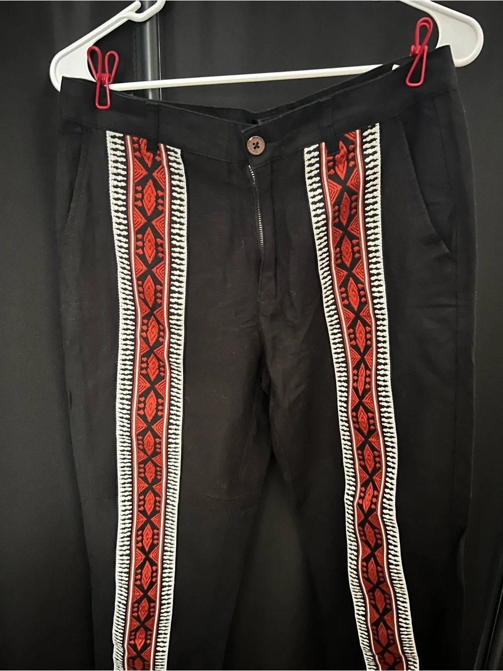 Zara Black Linen Pants with Red & White Tribal Front Stripes